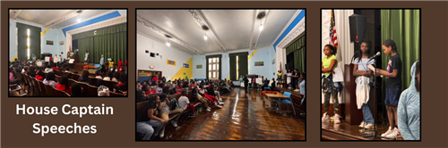 collage of students giving speeches in an  auditorium full of Clark students